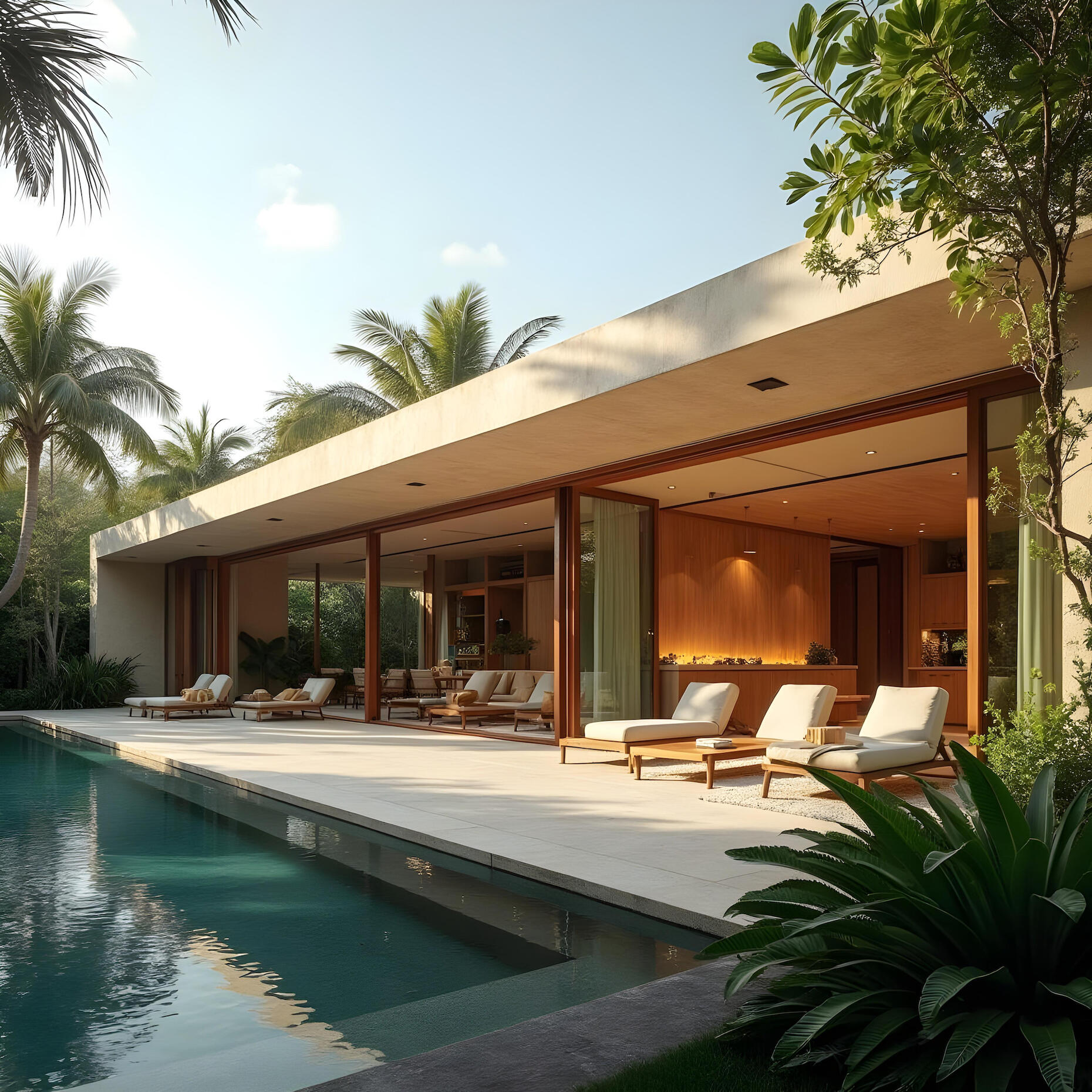 Tropical modern Studio Biscayne residence opening onto a pool and lush landscape